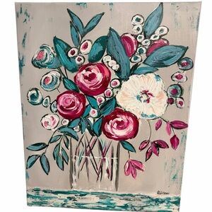 Original Artwork Acrylic on Canvas Floral Wall Art with Teal and Pink  16 x 20"